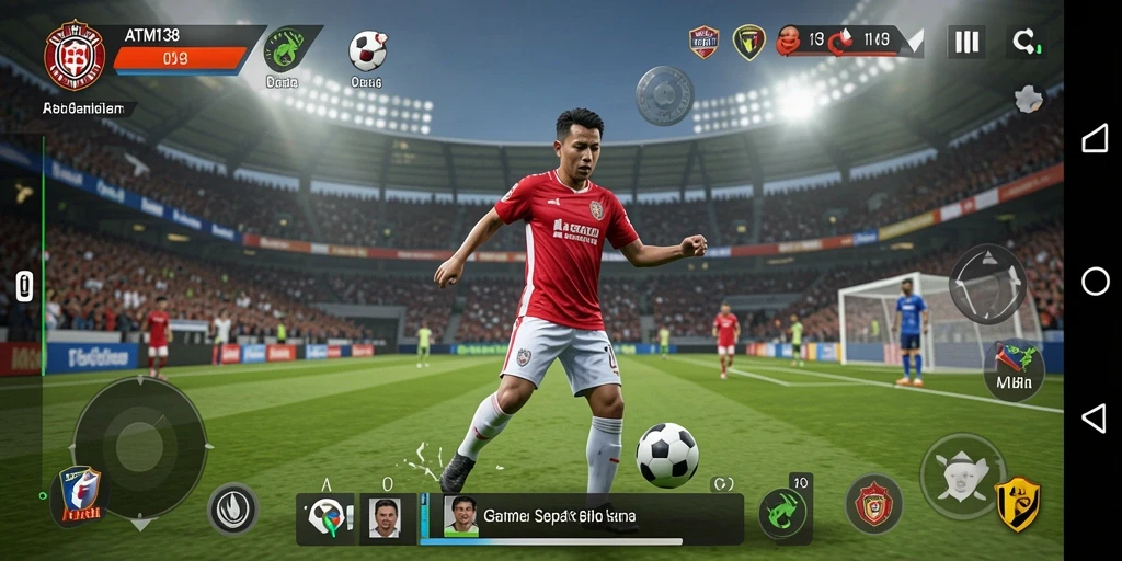 Screenshot gameplay memperlihatkan aksi seru di lapangan sepak bola.