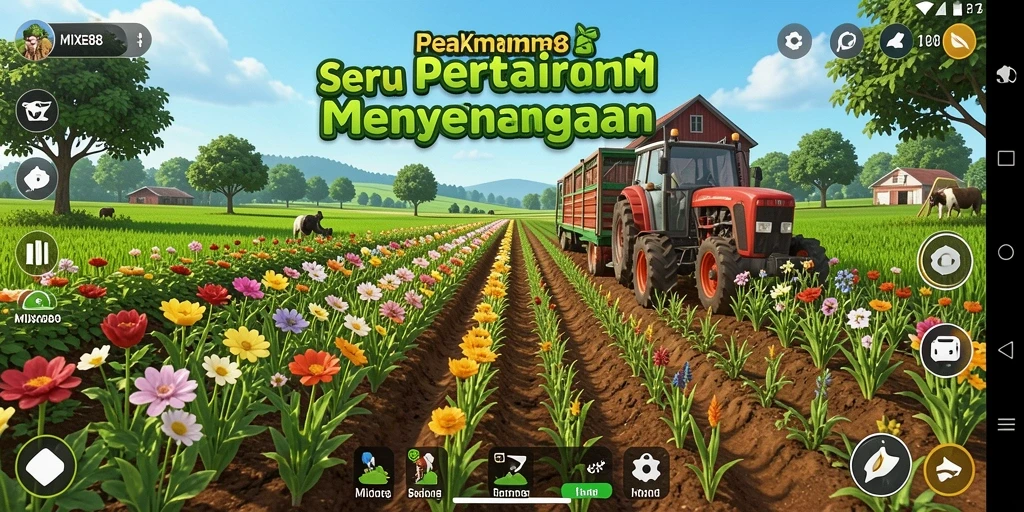 Screenshot gameplay MIXUE88 menampilkan kebun dengan berbagai tanaman dan hewan ternak.